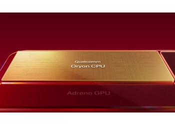 Qualcomm Oryon CPU die render on a red background above an Adreno GPU block