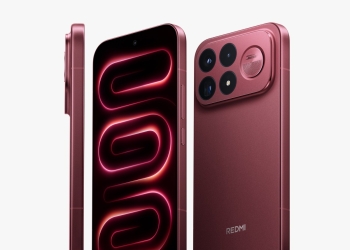 Redmi K100 Pro Max in Cabernet Red showing the rear camera module and light ring