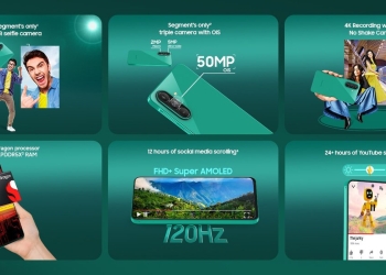 Samsung Galaxy F70 Pro 5G in Aura Green showing the triple rear camera and 120Hz Super AMOLED display