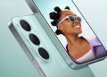 Samsung Galaxy S26 FE in Pistachio showing the triple rear camera and 6.7-inch display