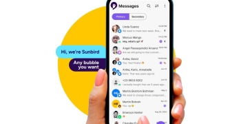 Sunbird Messaging app relaunch on Android showing iMessage blue bubbles