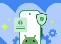 Android developer verification illustration with an ID card and security shield beside a phone