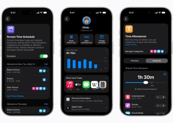 Apple's redesigned Screen Time interface on iPhone showing Screen Time Schedule, a child's daily usage chart, and Time Allowances by app category