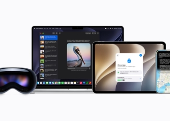 Apple devices including a MacBook, iPad, iPhone, Apple Watch, and Vision Pro headset showing OS 27 features