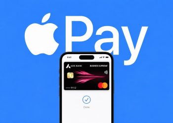 Apple Pay logo above an iPhone showing an Axis Bank card