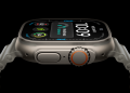 Apple Watch Ultra 4 in titanium finish, official press render showing the watch face and digital crown
