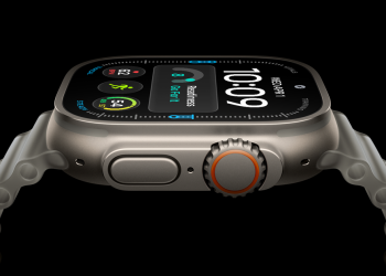 Apple Watch Ultra 4 in titanium finish, official press render showing the watch face and digital crown