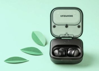 Fairphone's original Fairbuds earbuds in their charging case, the predecessor to the Fairbuds 2