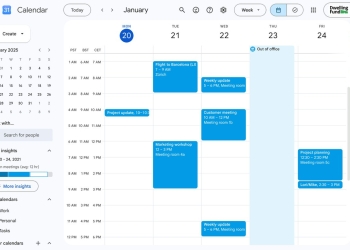 Google Calendar on the web showing three time zones as labeled columns beside the calendar grid
