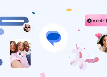 Google Messages app branding and chat features shown in Google's official blog artwork