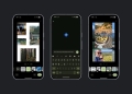 Google Photos app shown on three Android phones, with the library and search interface