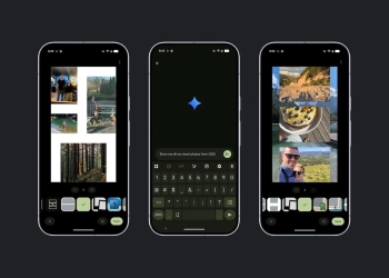 Google Photos app shown on three Android phones, with the library and search interface