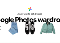 Google Photos wardrobe promotional graphic showing sunglasses, jeans, sneakers and a green jacket laid out below the Google Photos logo