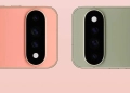 Google Pixel 11 Pro rear camera bar in Canyon and Olive colors, side by side