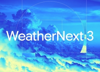 WeatherNext 3 title card showing a cloud formation rendered in blue and yellow