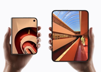 iPhone Duo shown folded and unfolded, held in two hands, illustrating the hinge and inner display discussed by Apple's VP of Hardware Engineering
