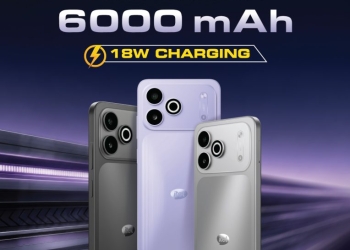 itel A300C in three color variants, showing the rear camera module and 6000mAh battery branding