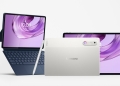Lenovo Yoga Tab Gen 2 in Seashell shown front and back alongside the keyboard and Tab Pen Pro 2