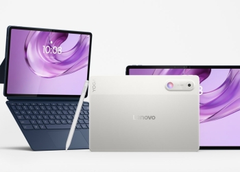 Lenovo Yoga Tab Gen 2 in Seashell shown front and back alongside the keyboard and Tab Pen Pro 2
