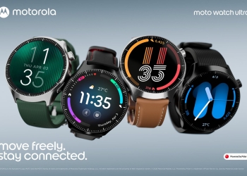 Motorola moto watch ultra in four finishes with silicone and leather bands, showing different watch faces