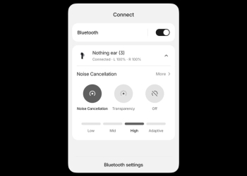 Nothing OS 5.0 quick settings panel showing Bluetooth controls with Nothing Ear (3) connected