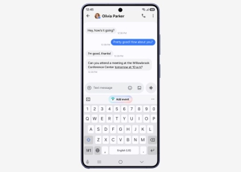 One UI 9 Now Nudge feature suggesting to add a calendar event from a text message on a Galaxy phone