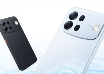 Oppo A7 Pro Max in black and white colorways showing the rear camera module with Breathing Light ring