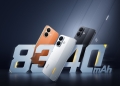 Poco X8 in orange, silver and black showing the 8,340mAh battery capacity on Poco's global launch artwork