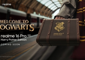 Realme 16 Pro Harry Potter Edition promotional image showing a Hogwarts-themed leather case