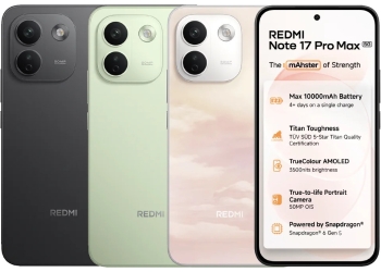 Redmi Note 17 Pro Max in Stealth Black, Matcha Green, and Secret Sunrise colors with on-screen 10000mAh battery and Snapdragon 6 Gen 5 spec highlights