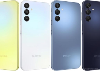 Samsung Galaxy A15 5G rear panels in Yellow, White, Blue, and Blue Black colorways