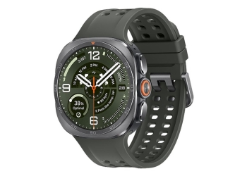 Samsung Galaxy Watch Ultra 2 in titanium with a green sport band, showing the round display