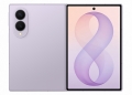 Samsung Galaxy Z Fold 8 in lavender purple, shown open with the inner display and rear camera module