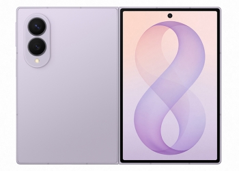 Samsung Galaxy Z Fold 8 in lavender purple, shown open with the inner display and rear camera module
