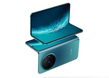 vivo X Fold 6 foldable in teal, partially unfolded showing inner display and Zeiss camera module
