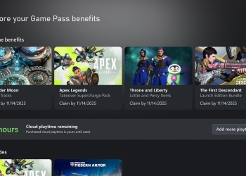 Xbox Game Pass benefits screen showing a cloud playtime remaining counter and an Add more playtime button