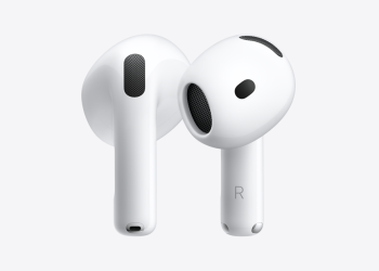 Apple AirPods 5 earbuds and charging case, official product image
