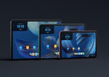 Amazon Alexa Tablet 12 Pro, Alexa Tablet 11 and Alexa Tablet 8 shown side by side with Google Play on their home screens