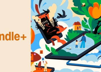 Kindle+ wordmark next to an illustration of tablets and e-readers with a castle and a dragon