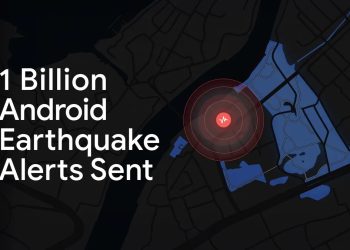 Google graphic marking one billion Android earthquake alerts sent, over a dark world map