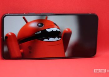 Illustration of Android malware shown as a menacing red Android mascot on a phone screen, representing the Midnight Mimosa firmware threat