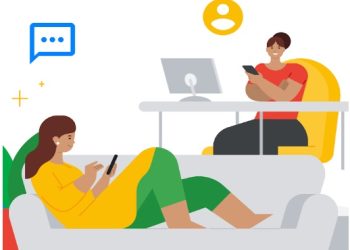 Google Android Help illustration for phone number verification, showing two people with phones and a chat bubble