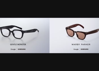 Samsung Android XR glasses in black Gentle Monster and brown Warby Parker frames