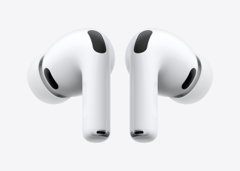 Apple AirPods Pro 3 earbuds in white facing each other on a light grey background