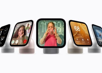 Five Apple HomeView smart displays side by side showing FaceTime, photo, thermostat and music screens