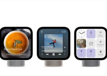 Three Apple HomeView smart displays on speaker bases showing recipe, music and home controls screens