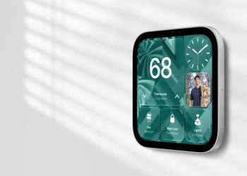 Apple HomeView wall-mounted smart display on a white wall showing thermostat, door lock, lights and camera controls