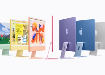 Apple iMac with M6 in seven colors lined up in a row
