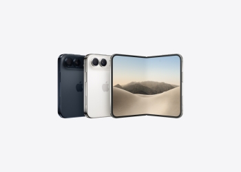 Three Apple iPhone Duo foldables, one opened to show a desert-dune wallpaper on its inner display