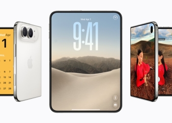 Apple iPhone Duo shown folded, open with a lock screen, and from the side